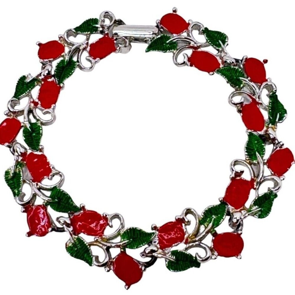 Christmas Holly Bracelet Red Green Silver Tone Metal Festive Winter Holidays